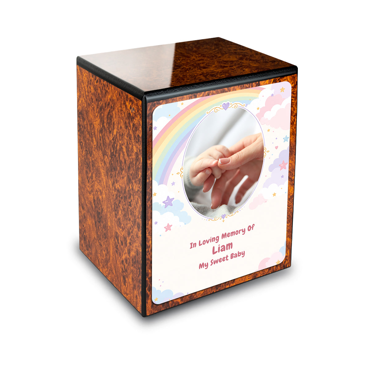 Custom Engraved Heritage Burl Rainbow and Clouds Small Child Cremation Urn Memorial Box for Ashes
