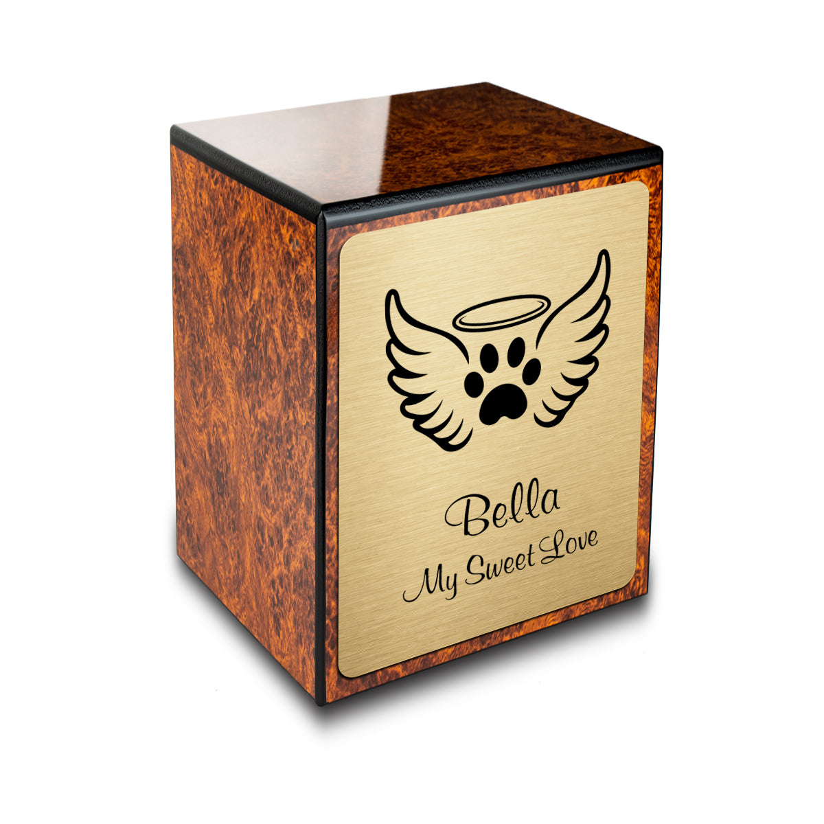 Custom Engraved Heritage Burl Angel Wings Small Pet Cremation Urn Memorial Box for Ashes