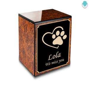 Custom Engraved Heritage Burl Single Paw Small Pet Cremation Urn Memorial Box for Ashes with GetUrns Logo