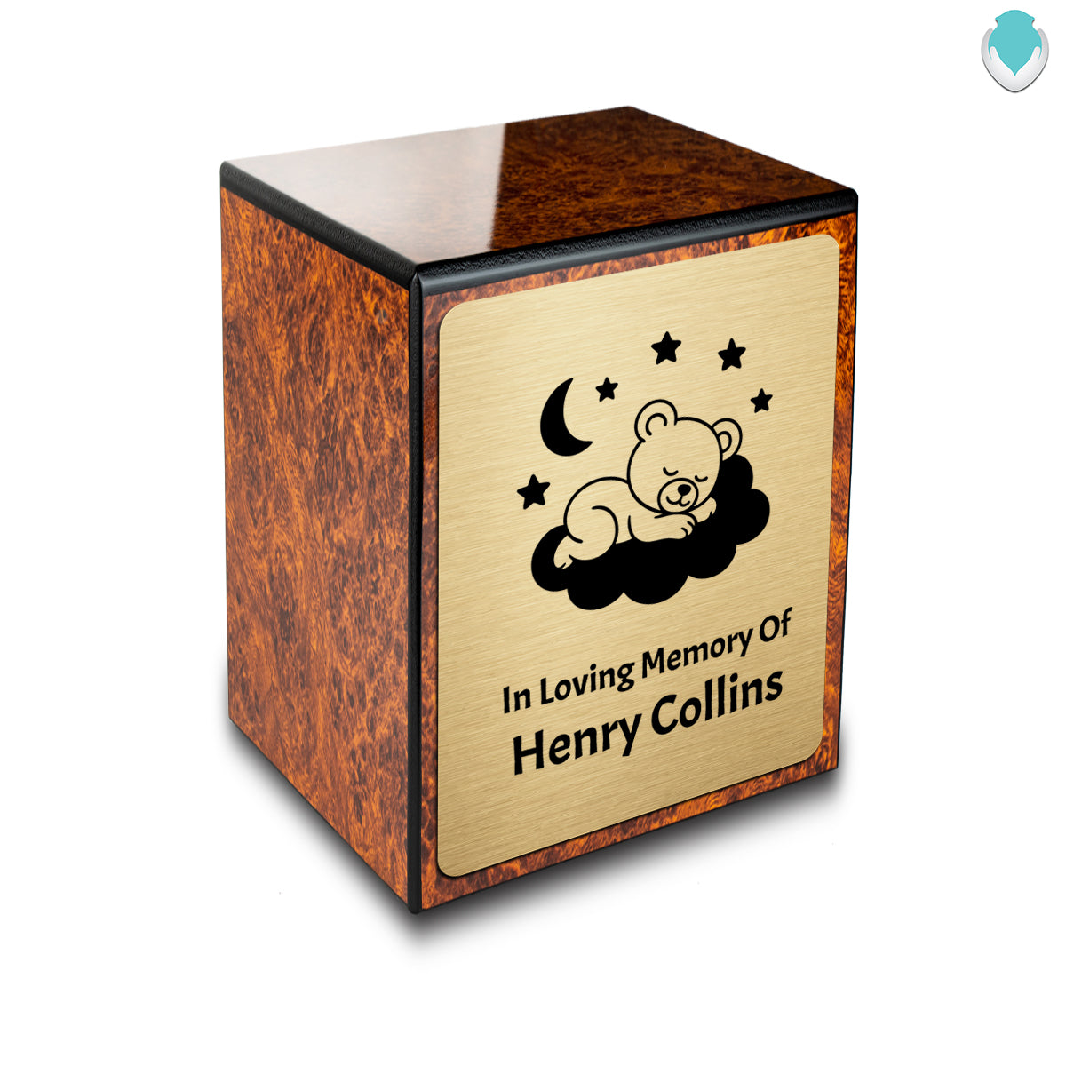 Custom Engraved Heritage Baby Sleeping Teddy Burl Small Cremation Urn Memorial Box for Ashes