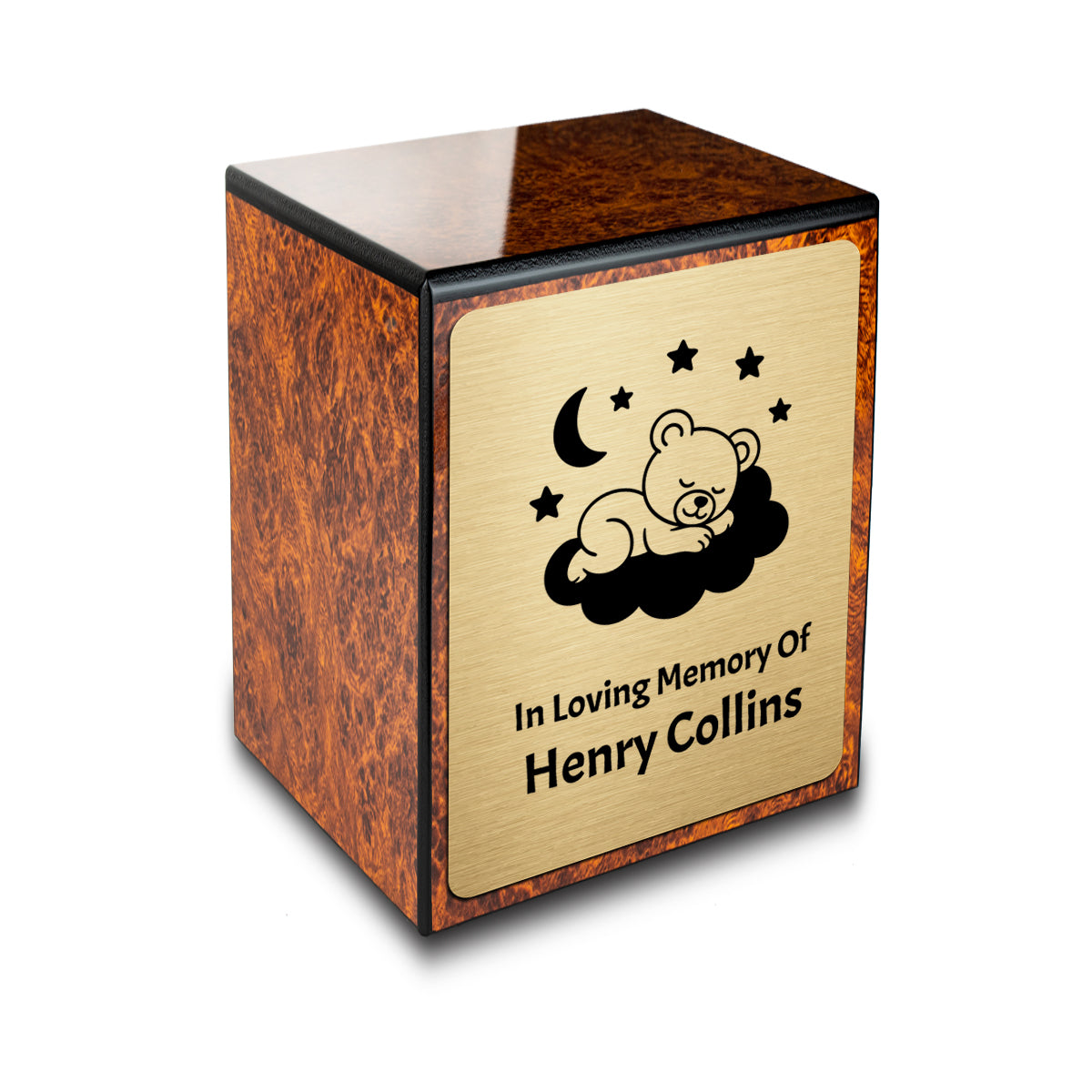 Custom Engraved Heritage Baby Sleeping Teddy Burl Small Cremation Urn Memorial Box for Ashes