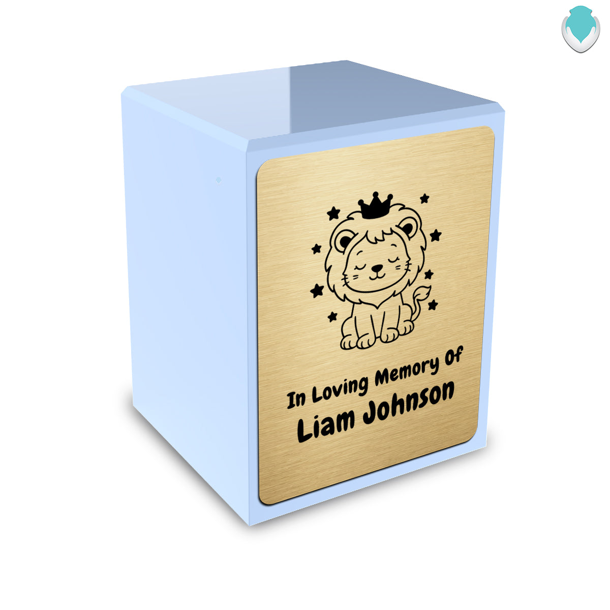 Custom Engraved Heritage Baby Lion Light Blue Small Cremation Urn Memorial Box for Ashes