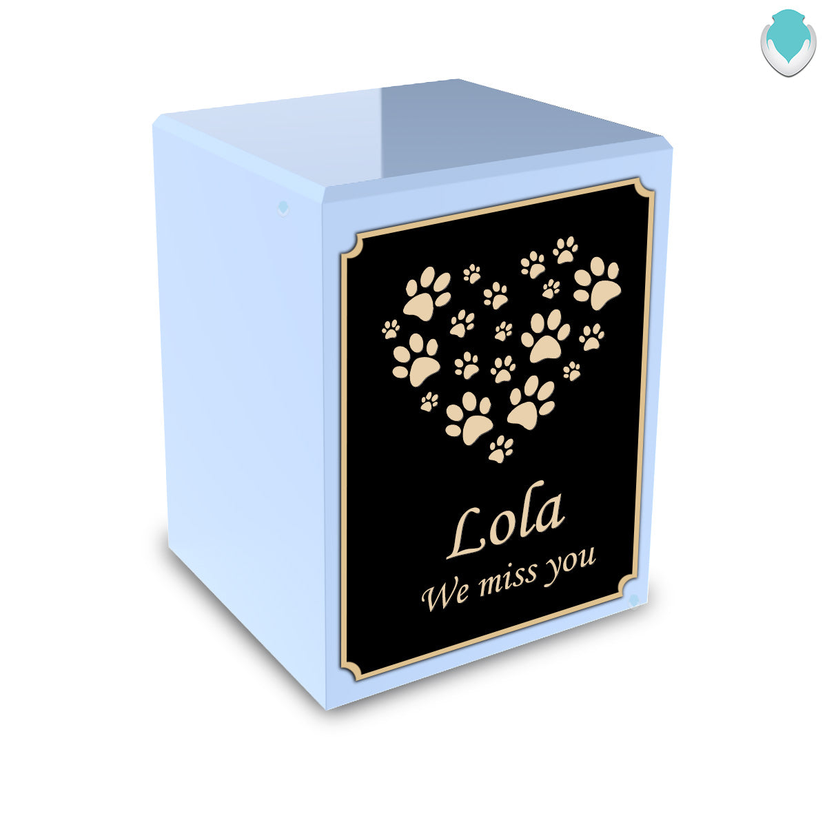 Custom Engraved Heritage Light Blue Heart Paws Small Pet Cremation Urn Memorial Box for Ashes