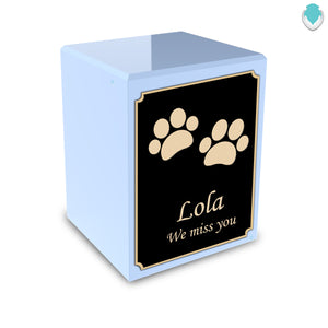 Custom Engraved Heritage Light Blue Colored Walking Paws Printed Small Pet Cremation Urn Memorial Box for Ashes with GetUrns Logo