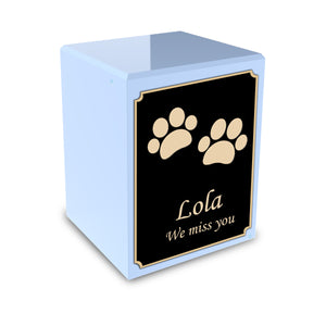 Custom Engraved Heritage Light Blue Colored Walking Paws Printed Small Pet Cremation Urn Memorial Box for Ashes