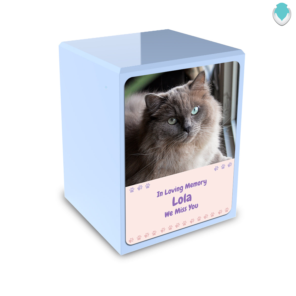 Custom Engraved Heritage Light Blue Paw Cat Portrait Small Cremation Urn Memorial Box for Ashes