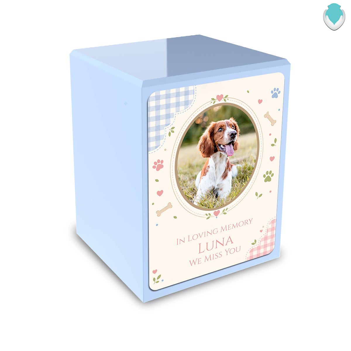 Custom Engraved Heritage Light Blue Pet Memorial Small Cremation Urn Memorial Box for Ashes