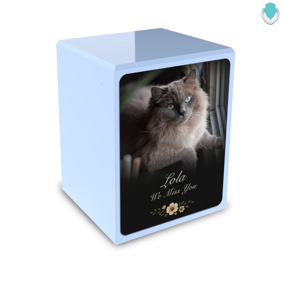 Custom Engraved Heritage Light Blue Pet Portrait Photo Small Cremation Urn Memorial Box for Ashes