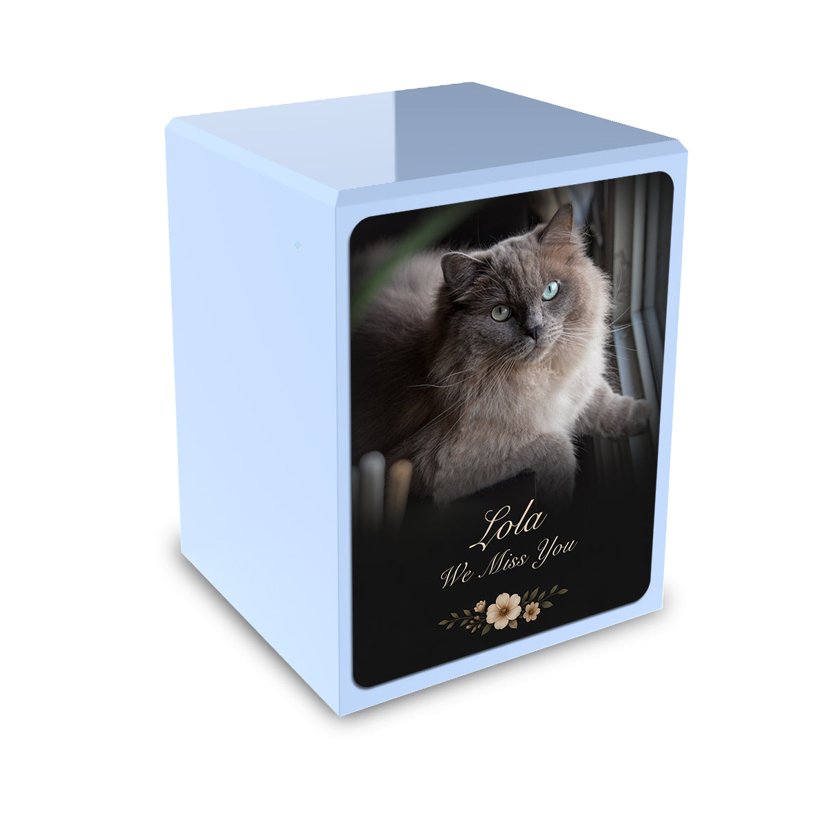 Custom Engraved Heritage Light Blue Pet Portrait Photo Small Cremation Urn Memorial Box for Ashes