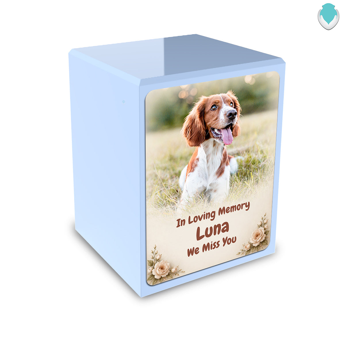 Custom Engraved Heritage Light Blue Pet Photo Small Cremation Urn Memorial Box for Ashes