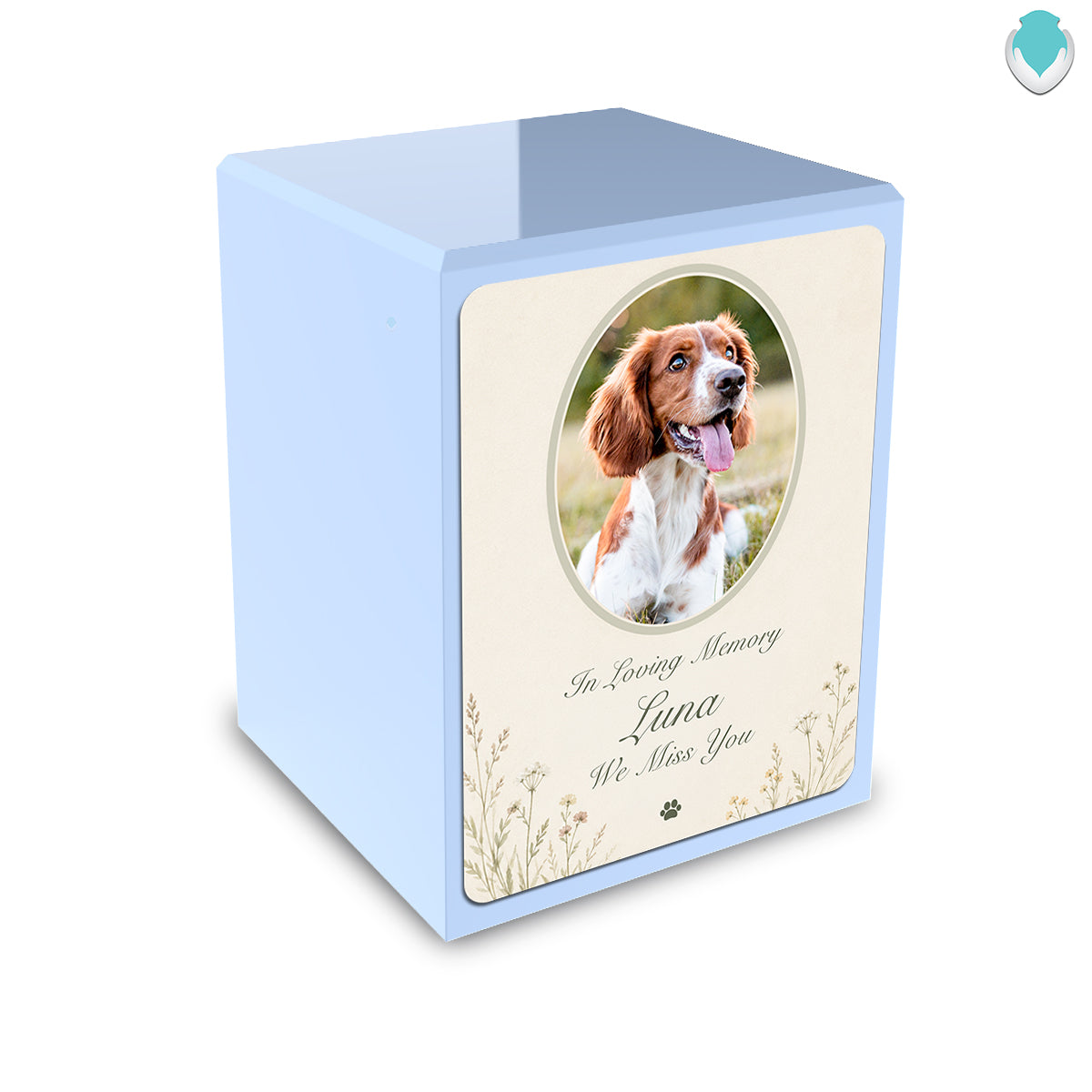 Custom Engraved Heritage Light Blue Pet Portrait Tribute Small Cremation Urn Memorial Box for Ashes