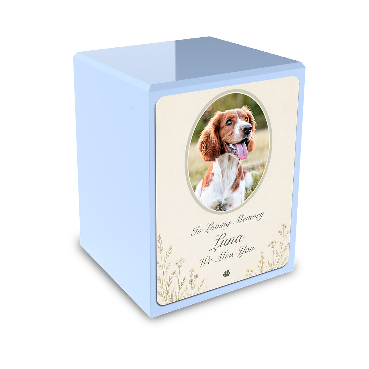 Custom Engraved Heritage Light Blue Pet Portrait Tribute Small Cremation Urn Memorial Box for Ashes