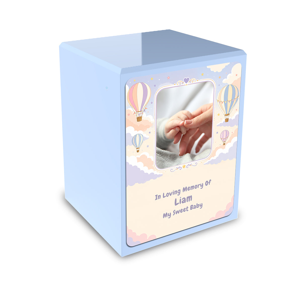 Custom Engraved Heritage Light Blue Air Balloon Small Child Cremation Urn Memorial Box for Ashes