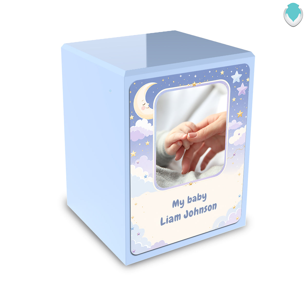 Custom Engraved Heritage Light Blue Star and Moon Small Child Cremation Urn Memorial Box for Ashes