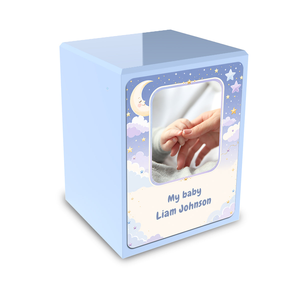 Custom Engraved Heritage Light Blue Star and Moon Small Child Cremation Urn Memorial Box for Ashes