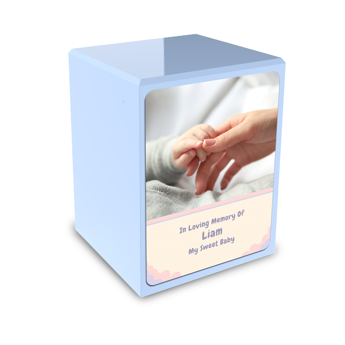 Custom Engraved Heritage Light Blue Photo Small Child Cremation Urn Memorial Box for Ashes