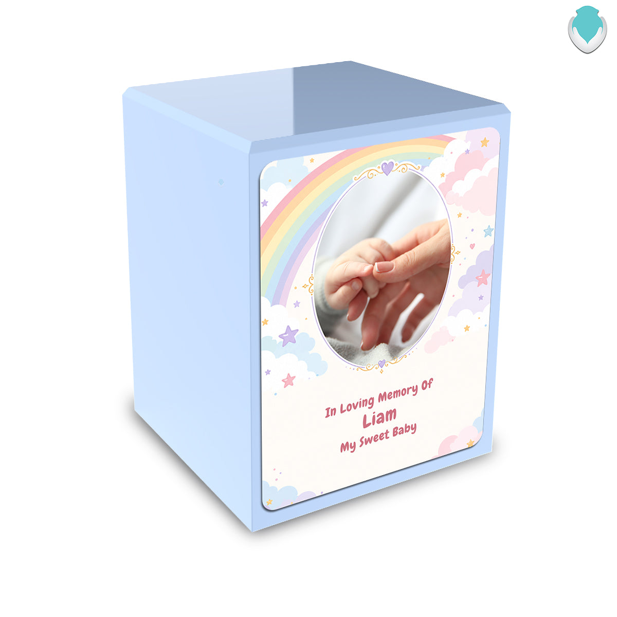 Custom Engraved Heritage Light Blue Rainbow and Clouds Small Child Cremation Urn Memorial Box for Ashes