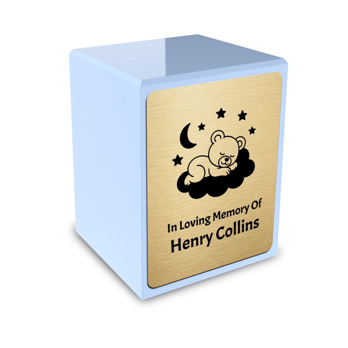 Custom Engraved Heritage Sleeping Teddy Light Blue Small Cremation Urn Memorial Box for Ashes
