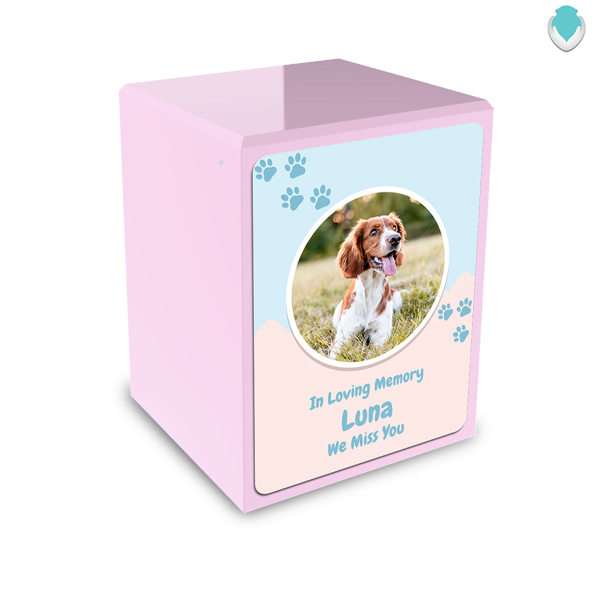 Custom Engraved Heritage Light Pink Paw Pet Portrait Small Cremation Urn Memorial Box for Ashes
