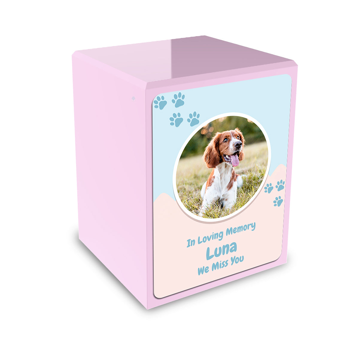 Custom Engraved Heritage Light Pink Paw Pet Portrait Small Cremation Urn Memorial Box for Ashes