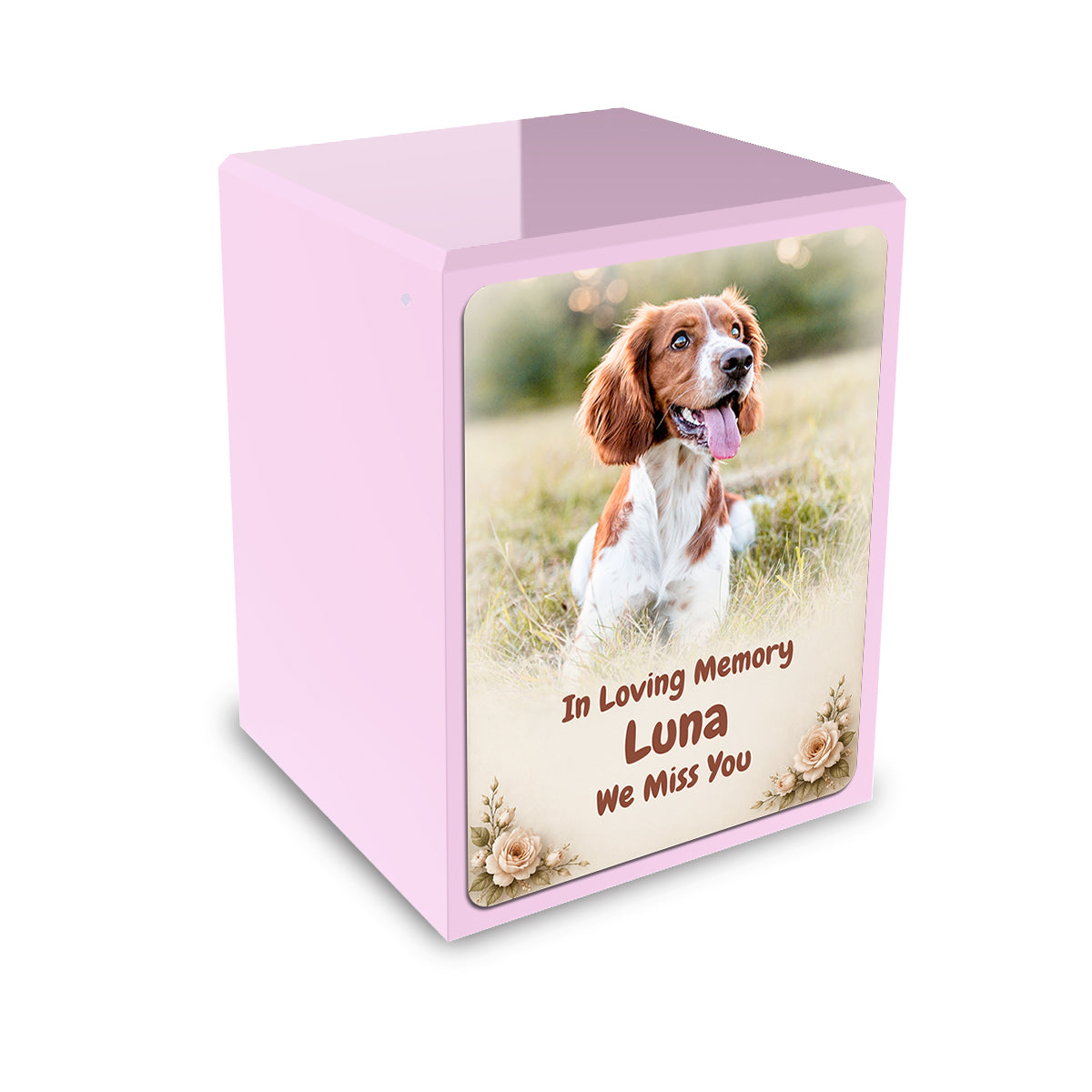 Custom Engraved Heritage Pet Photo Light Pink Small Cremation Urn Memorial Box for Ashes