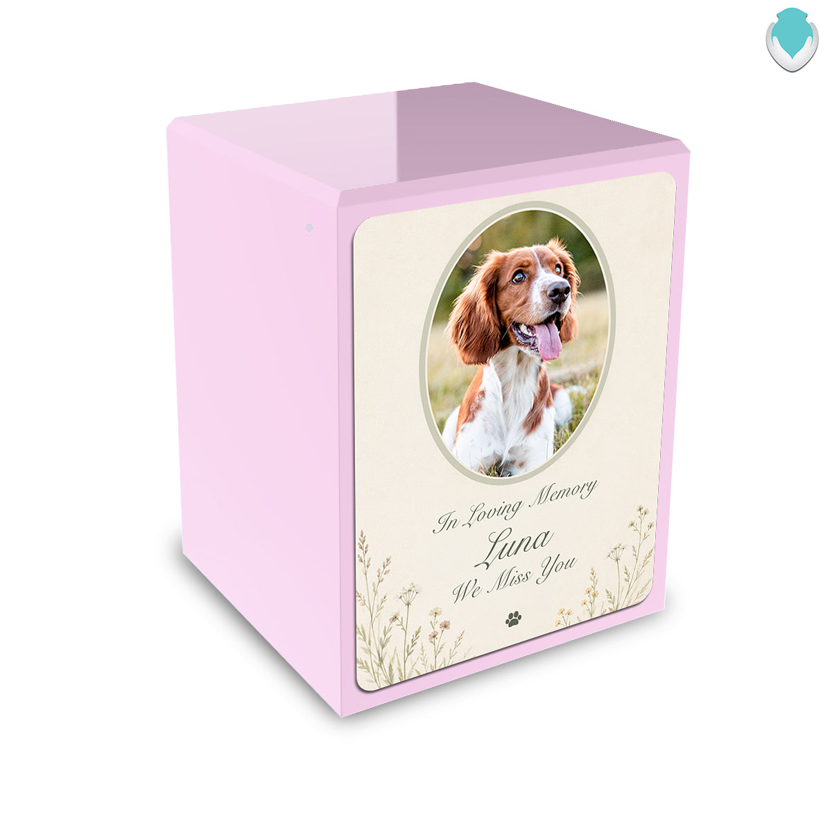 Custom Engraved Heritage Pet Portrait Tribute Light Pink Small Cremation Urn Memorial Box for Ashes