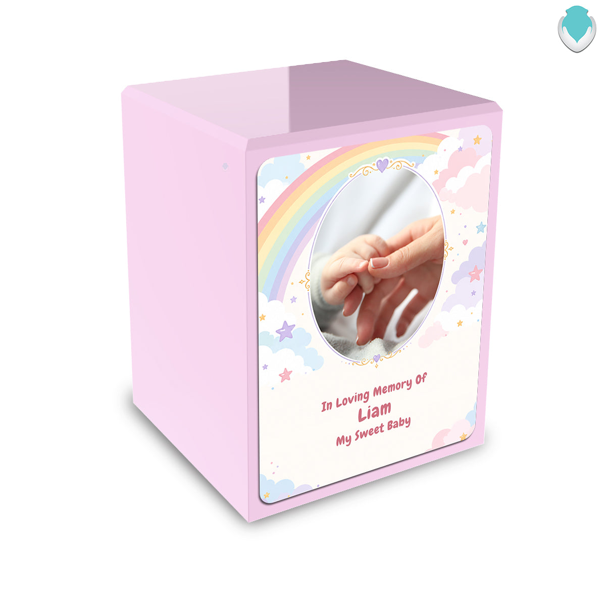 Custom Engraved Child Heritage Light Pink Rainbow and Clouds Small Cremation Urn Memorial Box for Ashes