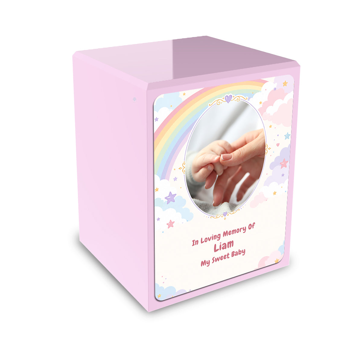 Custom Engraved Child Heritage Light Pink Rainbow and Clouds Small Cremation Urn Memorial Box for Ashes