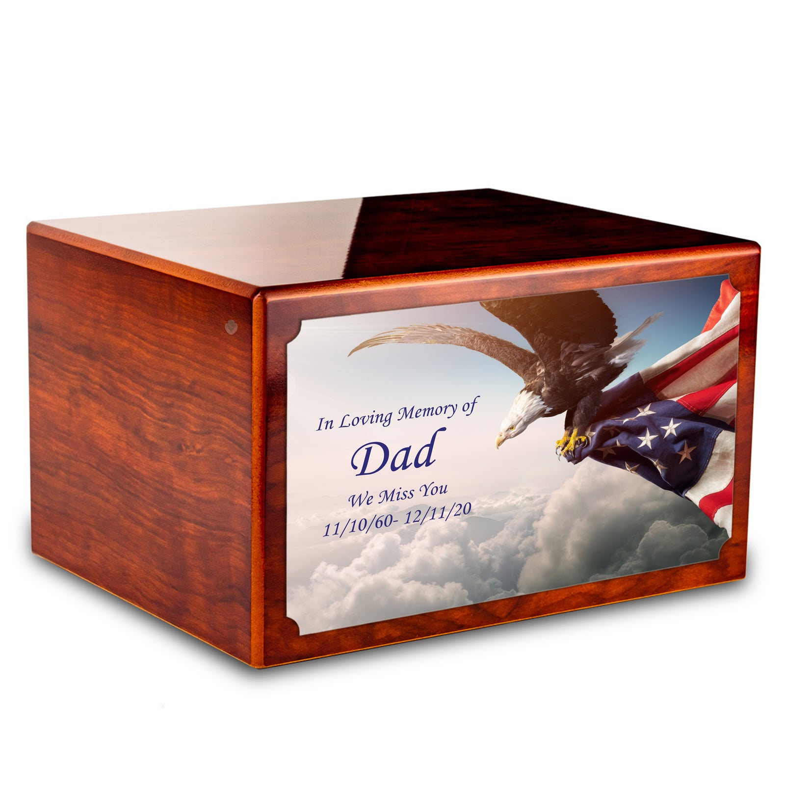 Custom Printed Heritage Rosewood American Eagle Wood Box Cremation Urn