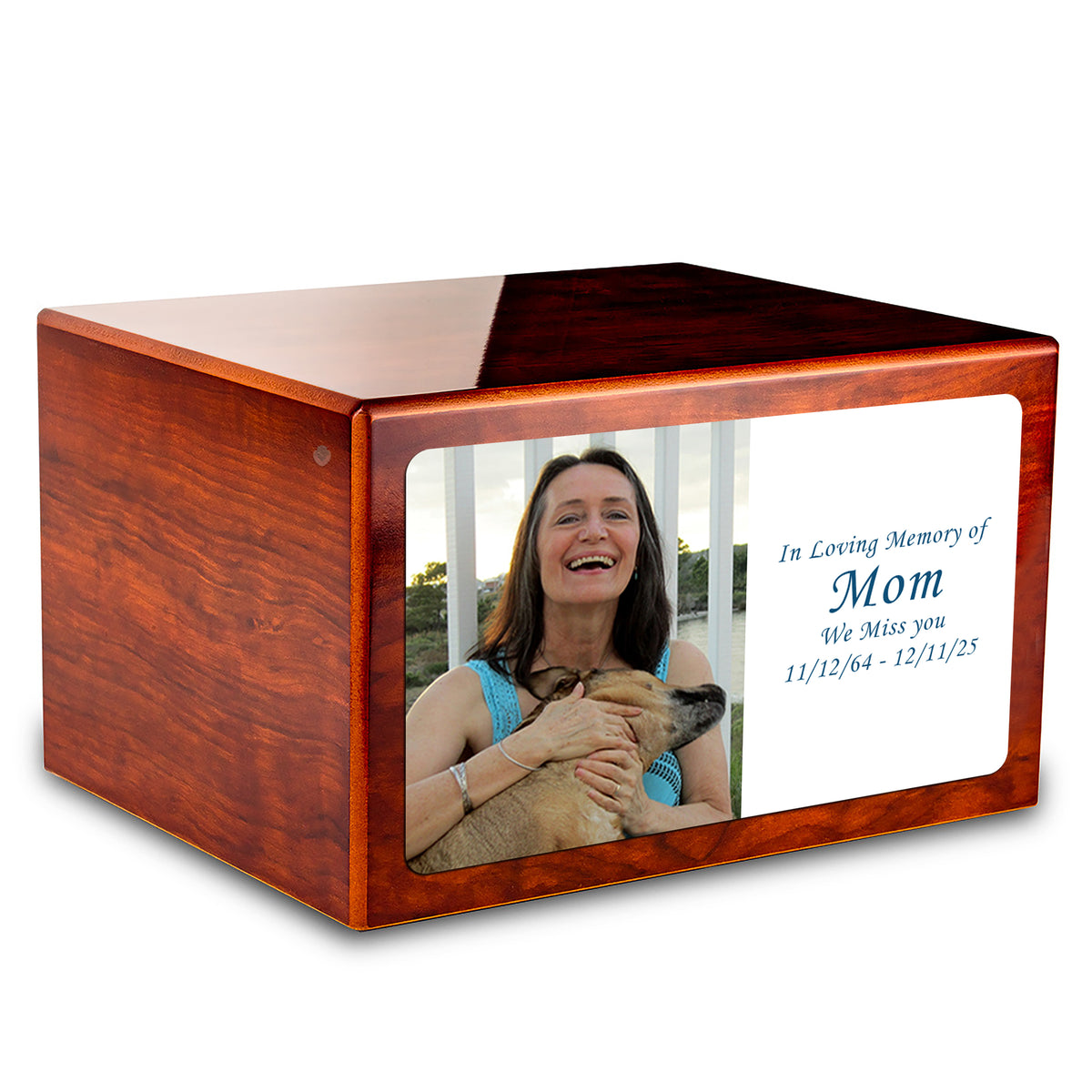 Custom Printed Heritage Rosewood Photo Wood Box Cremation Urn