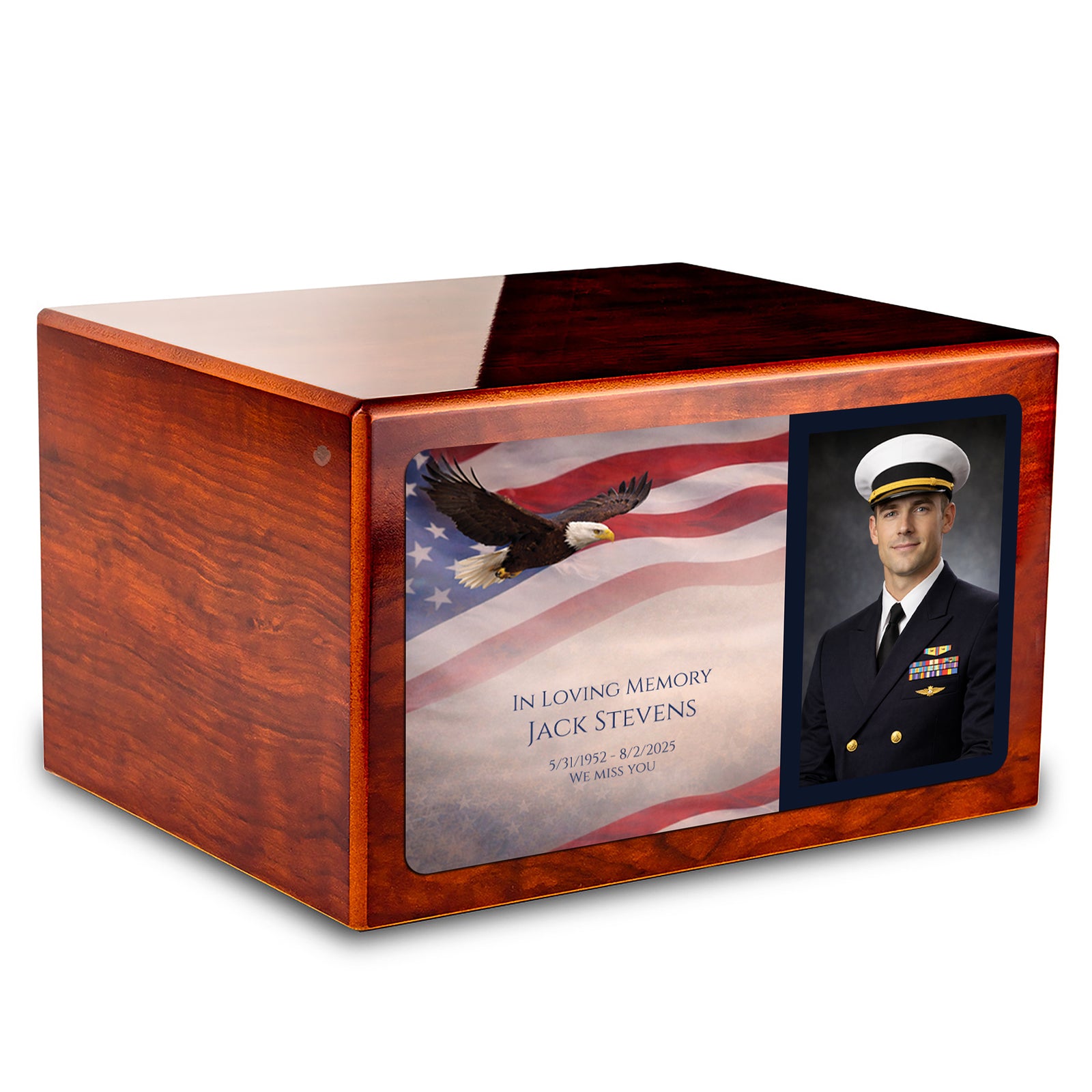 Custom Printed Heritage Rosewood Photo American Glory Wood Box Cremation Urn
