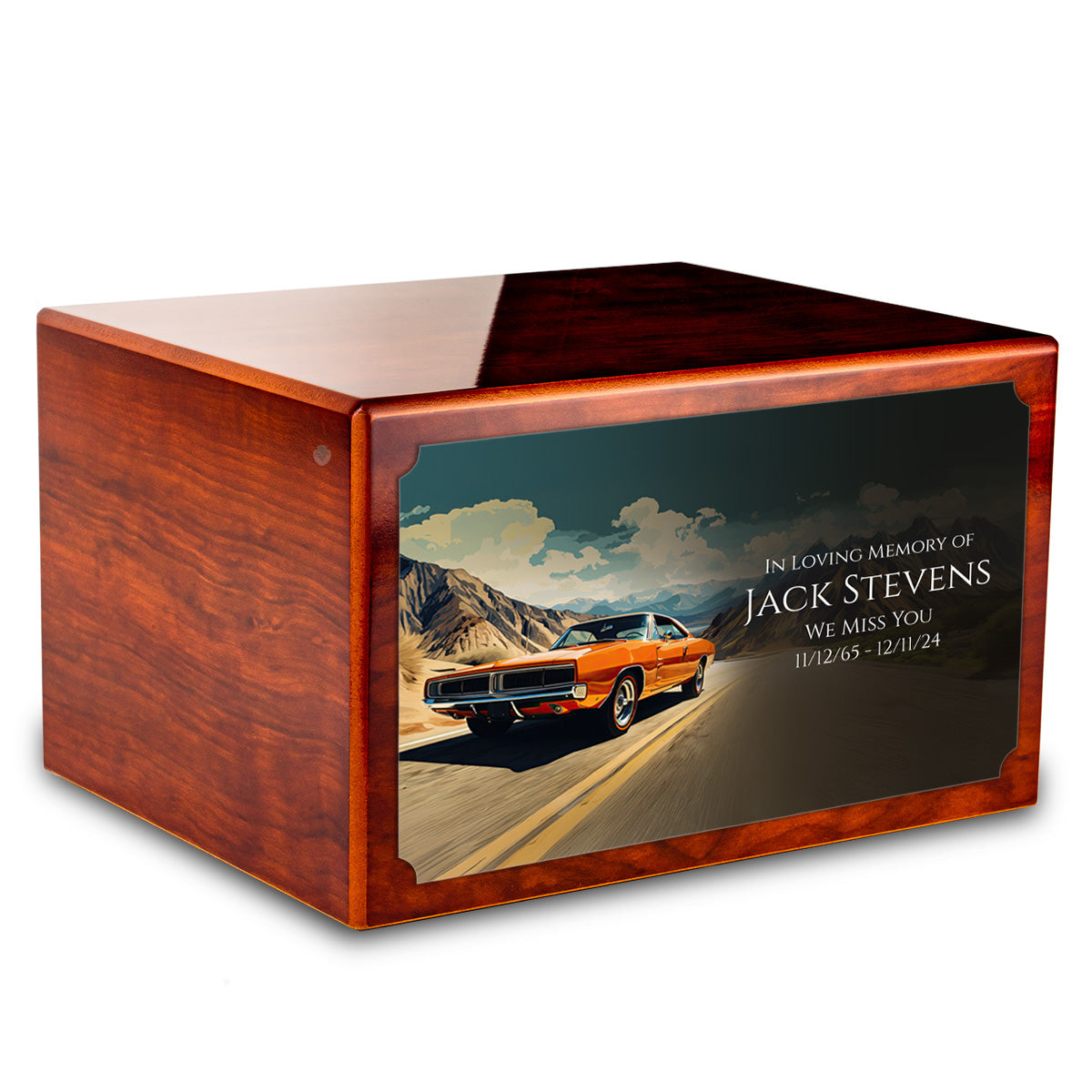 Custom Printed Heritage Rosewood Classic Car Wood Box Cremation Urn
