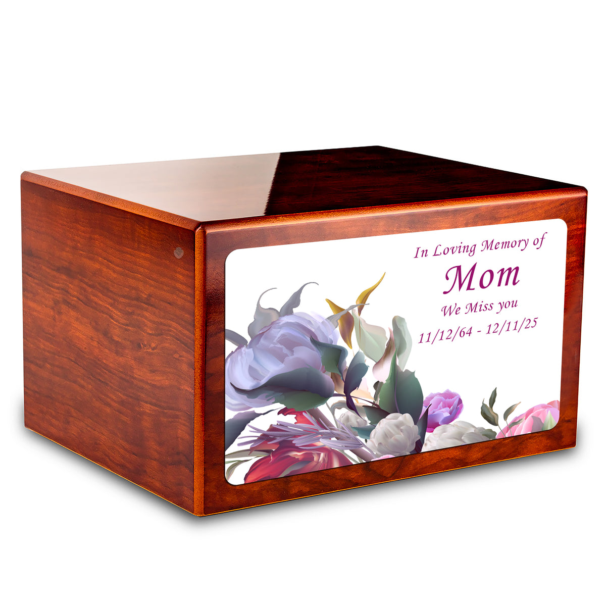 Custom Printed Heritage Rosewood Flowers Wood Box Cremation Urn