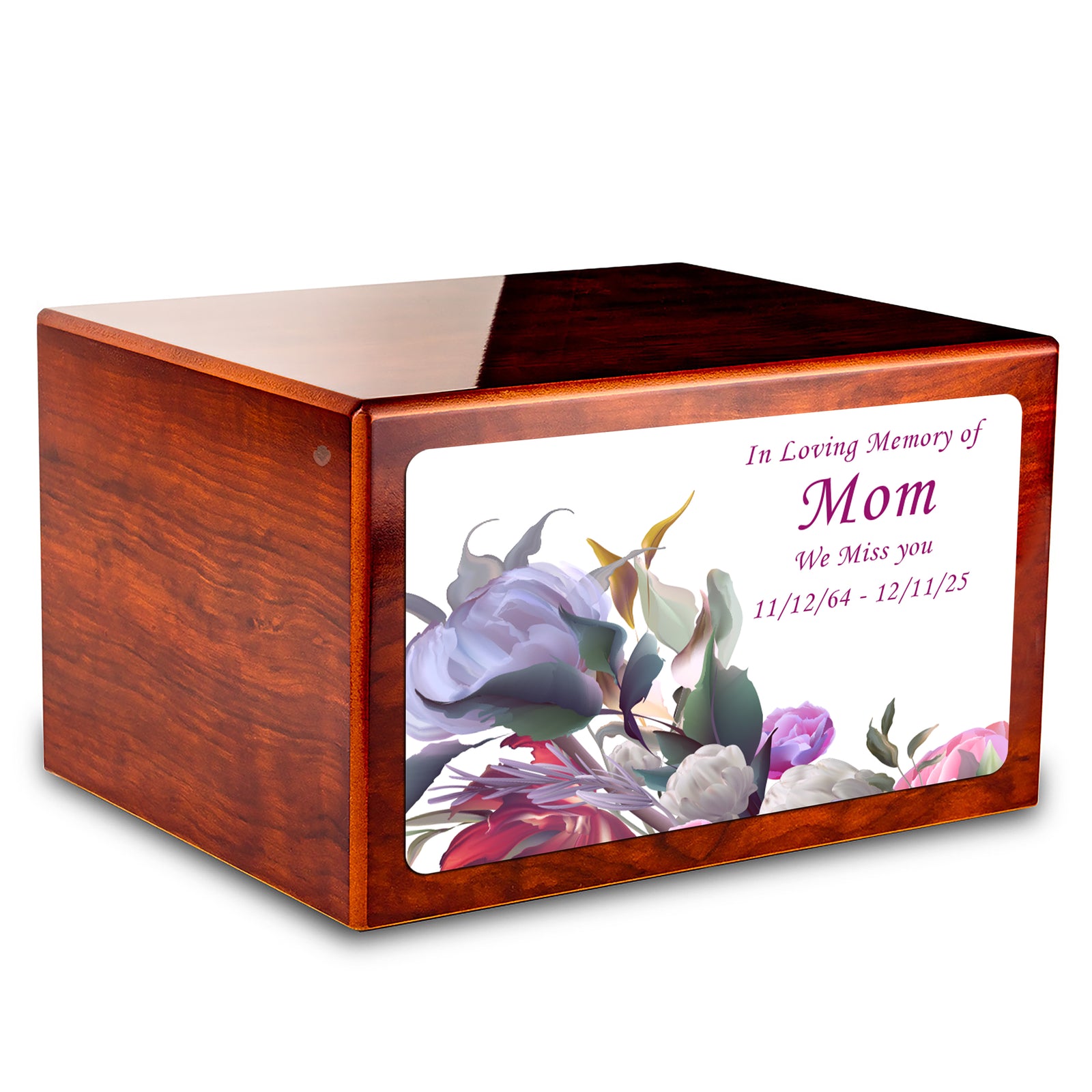 Custom Printed Heritage Rosewood Flowers Wood Box Cremation Urn