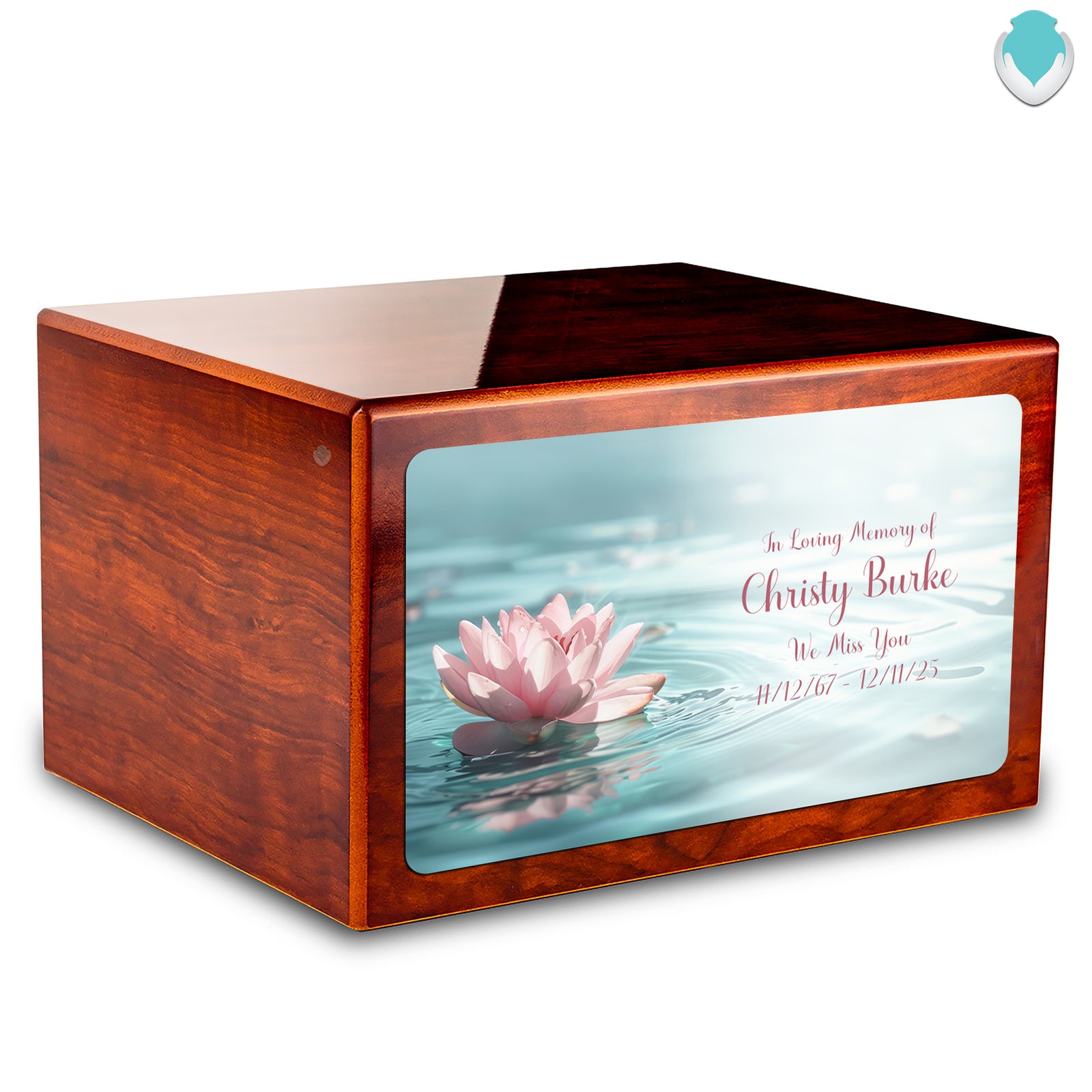 Custom Printed Heritage Rosewood Lotus Flower Wood Box Cremation Urn