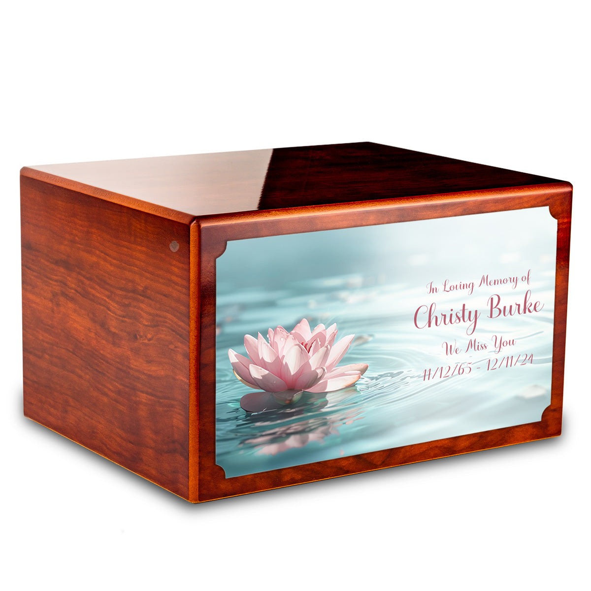 Custom Printed Heritage Rosewood Lotus Flower Wood Box Cremation Urn