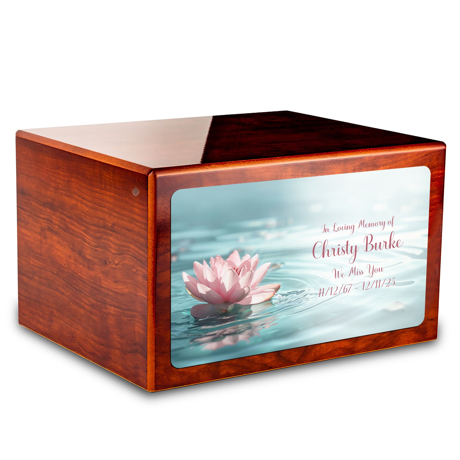 Custom Printed Heritage Rosewood Lotus Flower Wood Box Cremation Urn