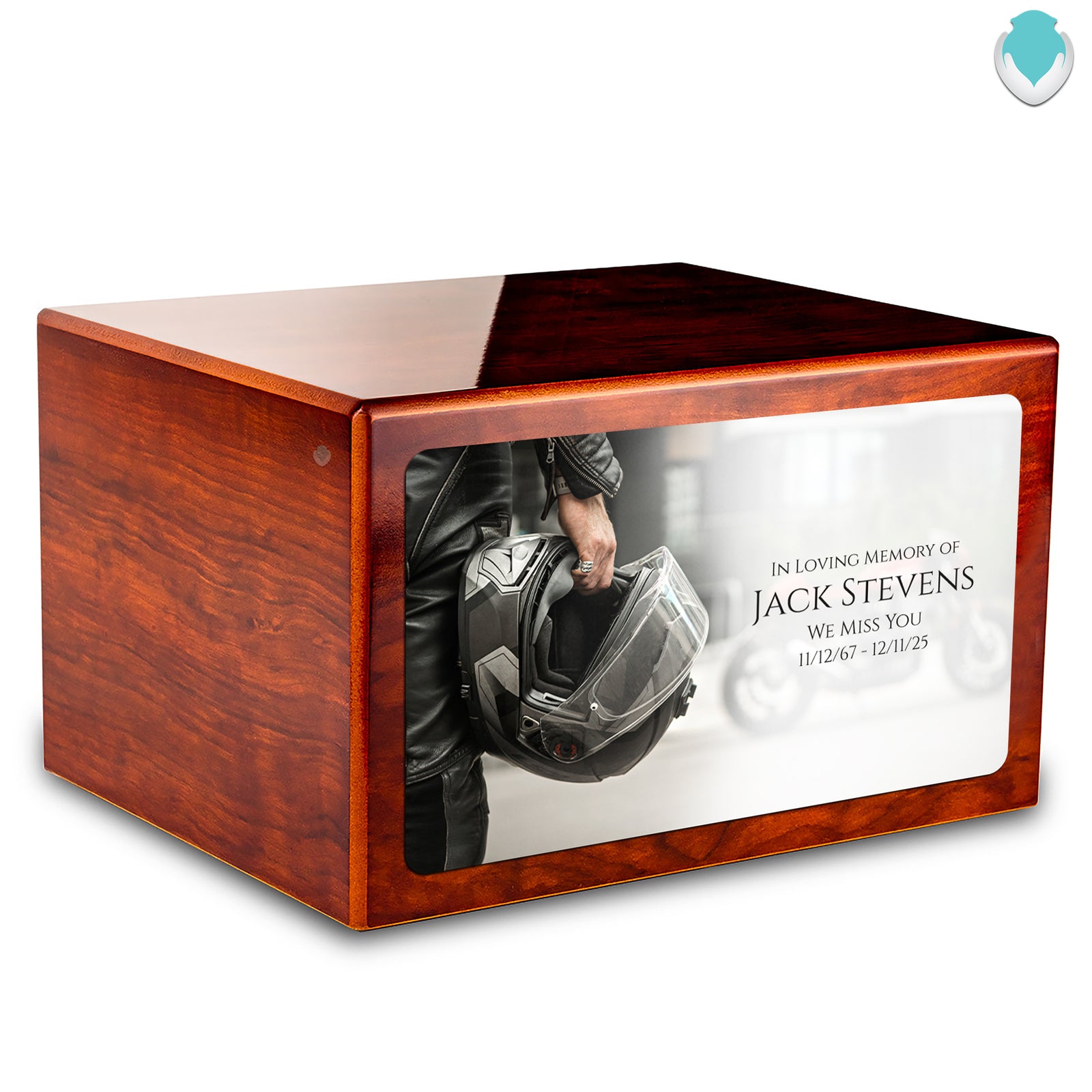Custom Printed Heritage Rosewood Motorcycle Helmet Wood Box Cremation Urn