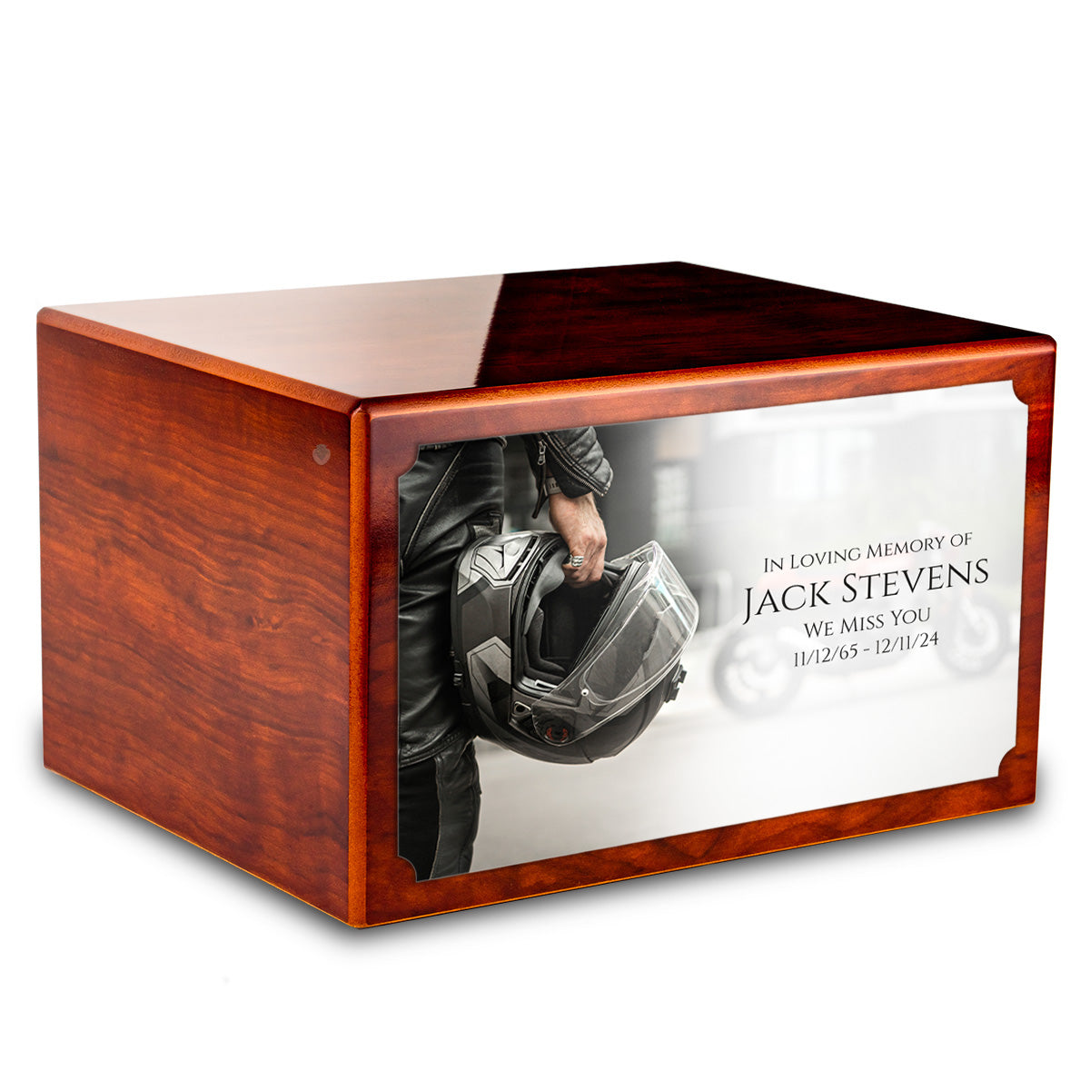 Custom Printed Heritage Rosewood Motorcycle Helmet Wood Box Cremation Urn