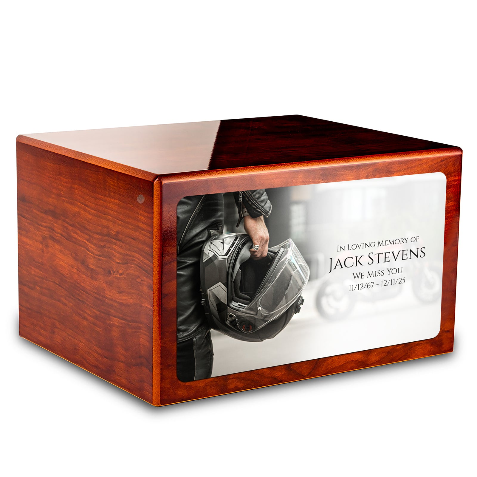 Custom Printed Heritage Rosewood Motorcycle Helmet Wood Box Cremation Urn