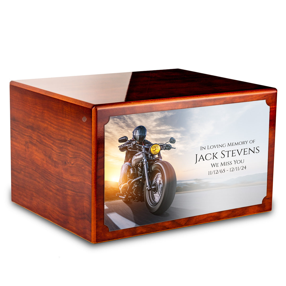 Custom Printed Heritage Rosewood Motorcycle Wood Box Cremation Urn