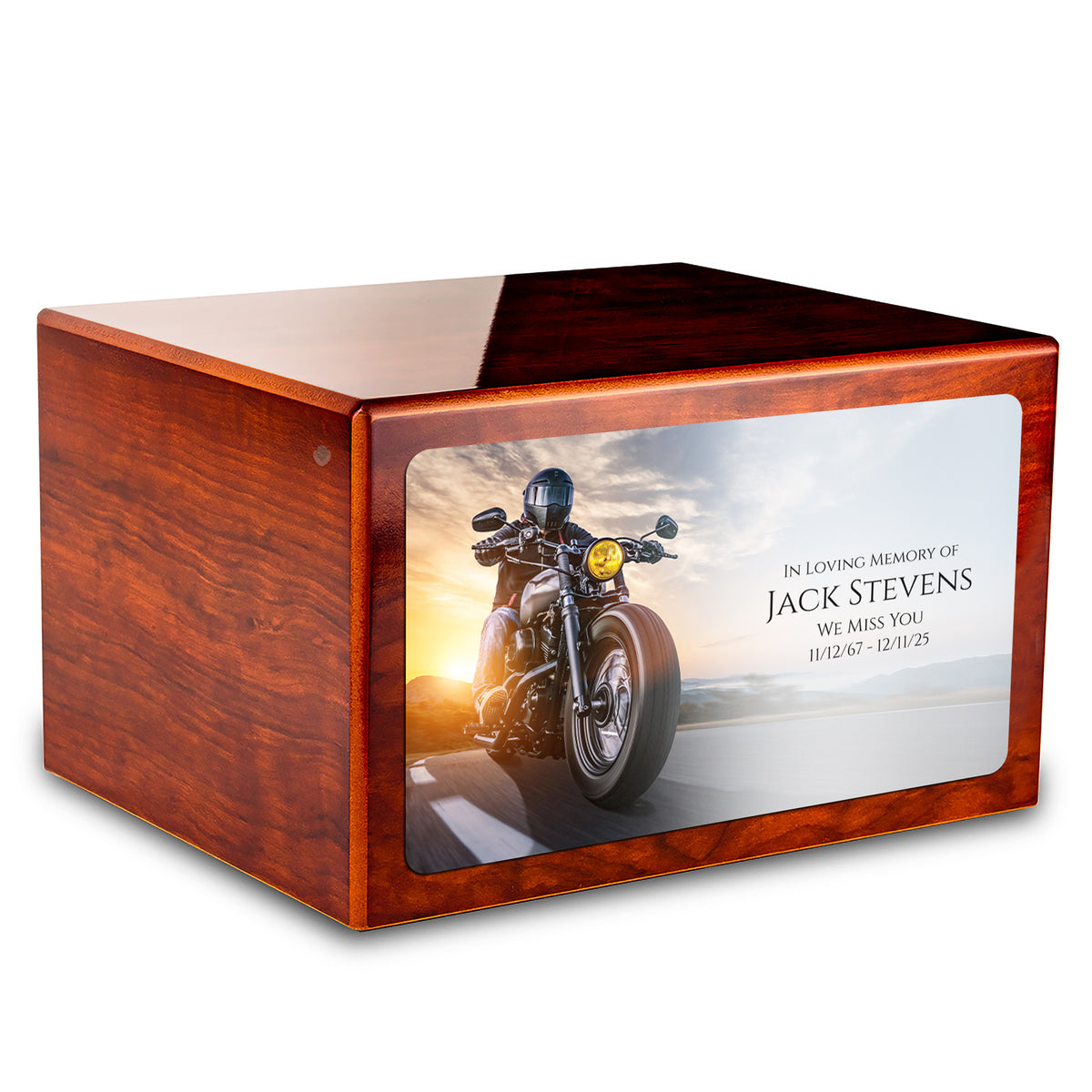 Custom Printed Heritage Rosewood Motorcycle Wood Box Cremation Urn