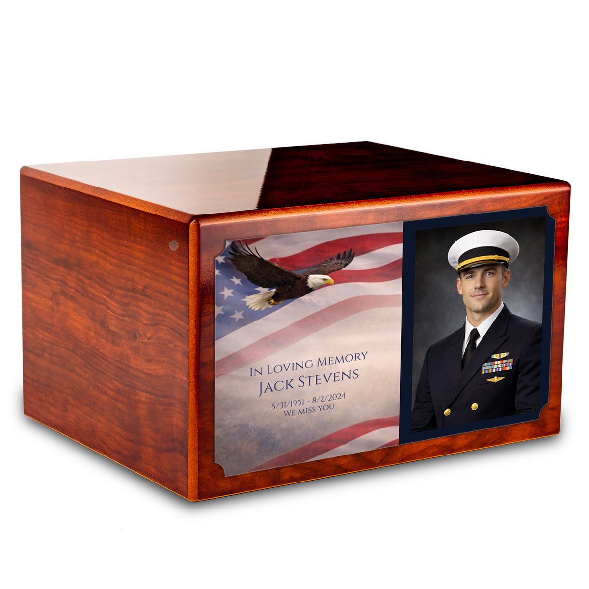 Custom Printed Heritage Rosewood Photo American Glory Wood Box Cremation Urn