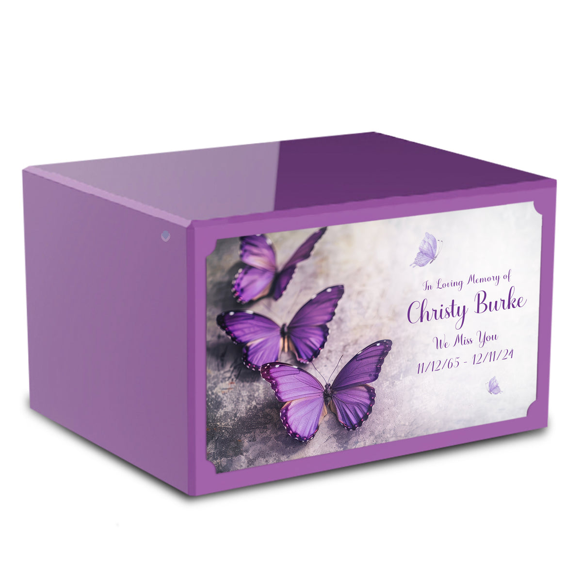 Custom Printed Heritage Purple Butterflies Wood Box Cremation Urn