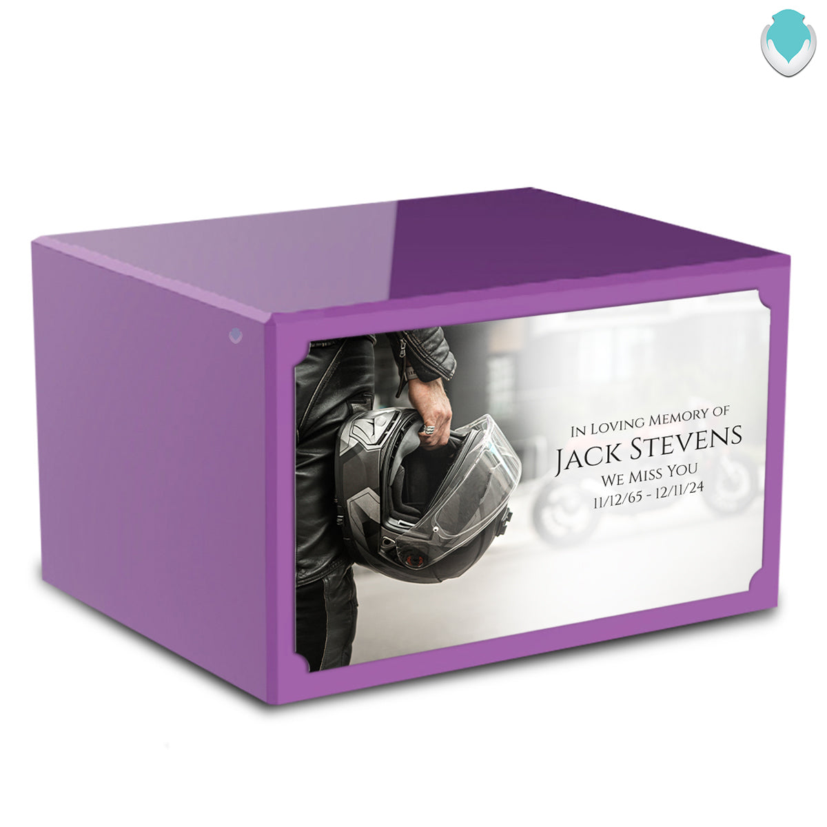 Custom Printed Heritage Purple Motorcycle Helmet Wood Cremation Urn Box