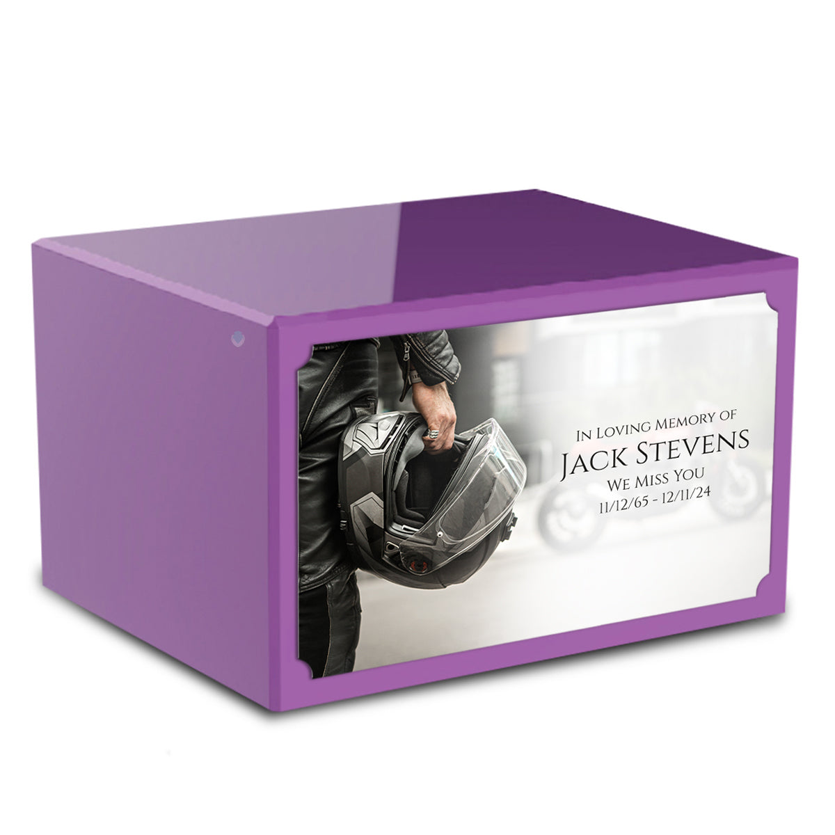 Custom Printed Heritage Purple Motorcycle Helmet Wood Cremation Urn Box