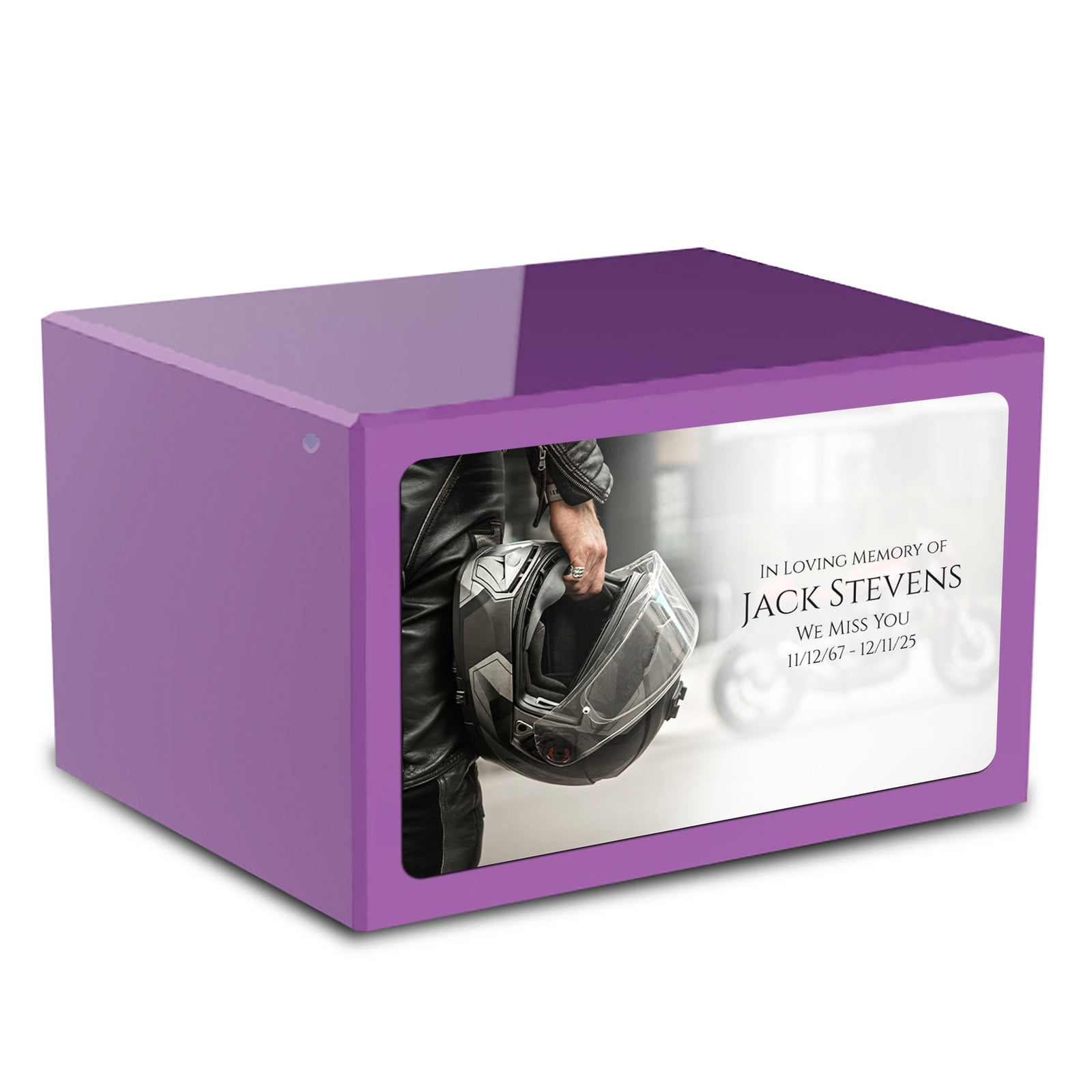 Custom Printed Heritage Purple Motorcycle Helmet Wood Cremation Urn Box