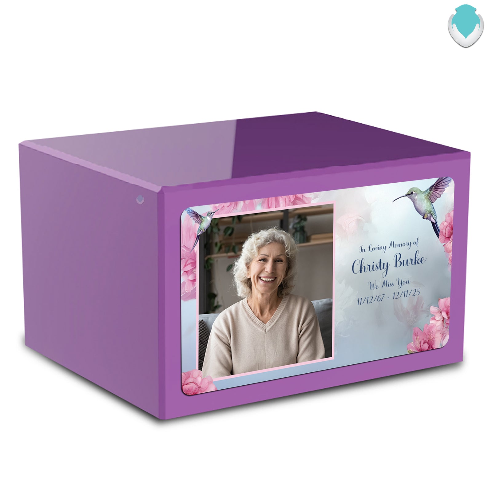 Custom Printed Heritage Purple Photo Hummingbird Wood Cremation Urn Box