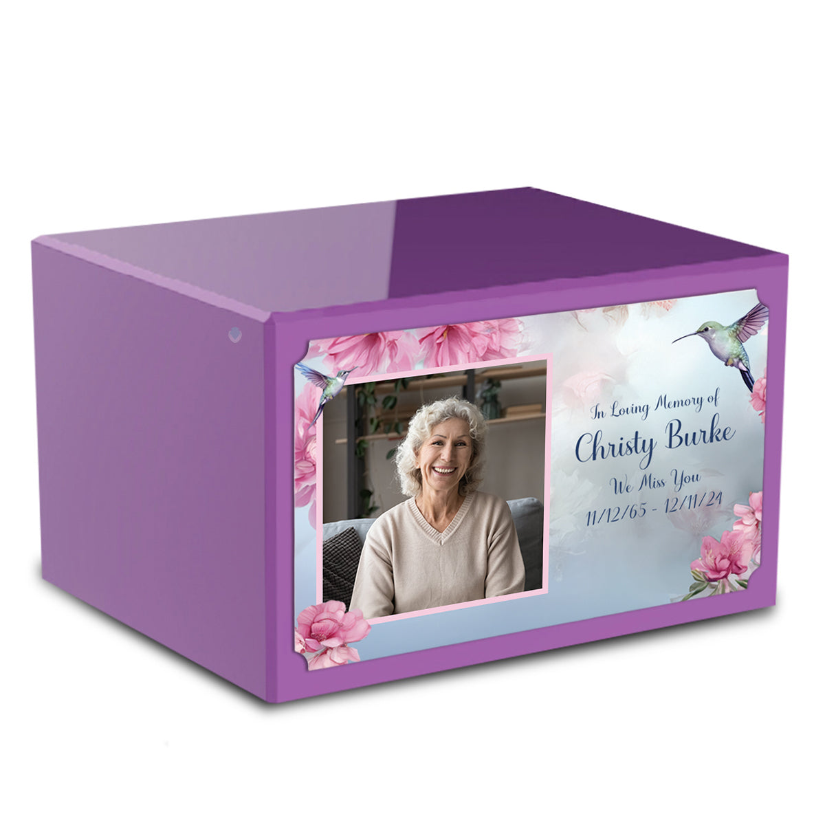 Custom Printed Heritage Purple Photo Hummingbird Wood Cremation Urn Box