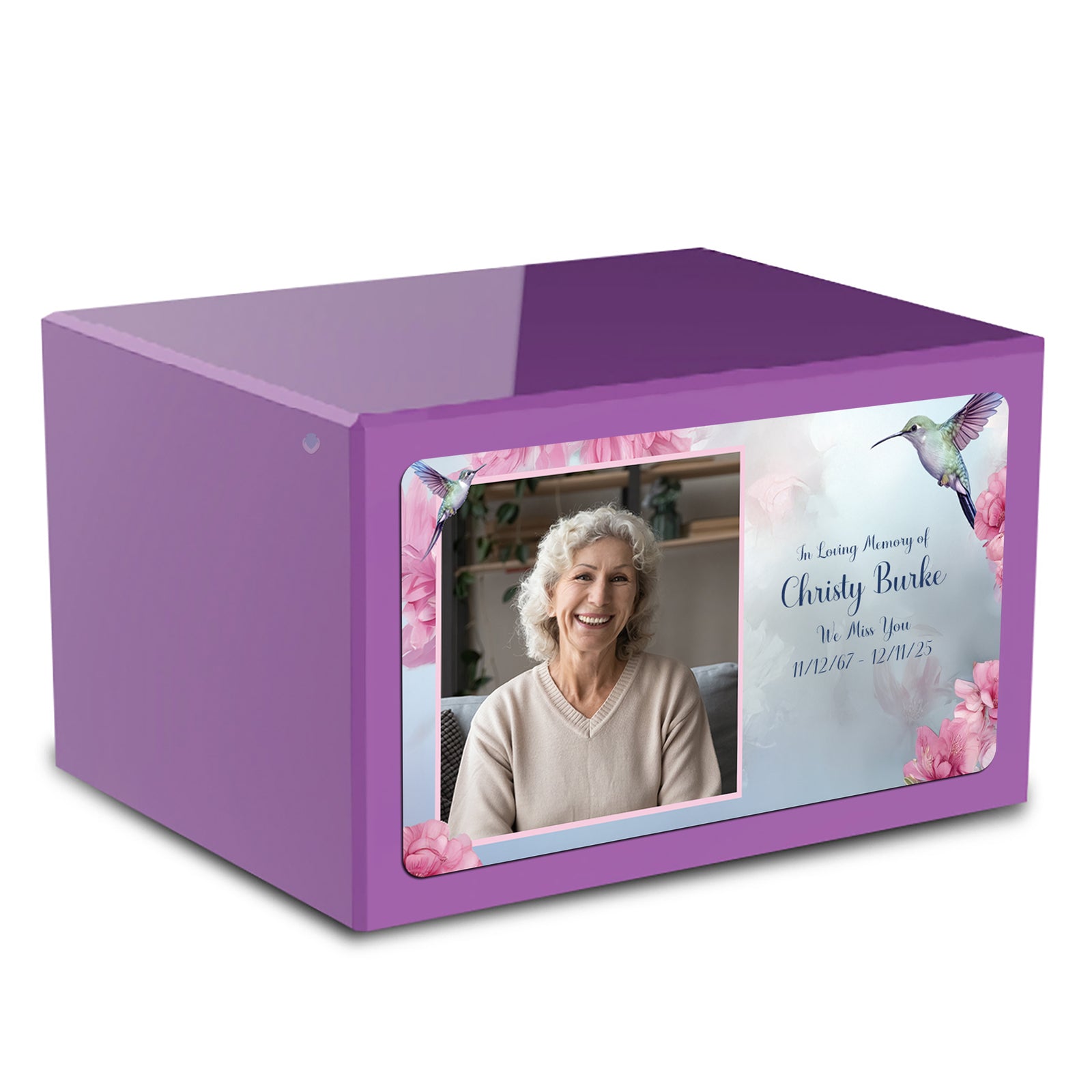 Custom Printed Heritage Purple Photo Hummingbird Wood Cremation Urn Box